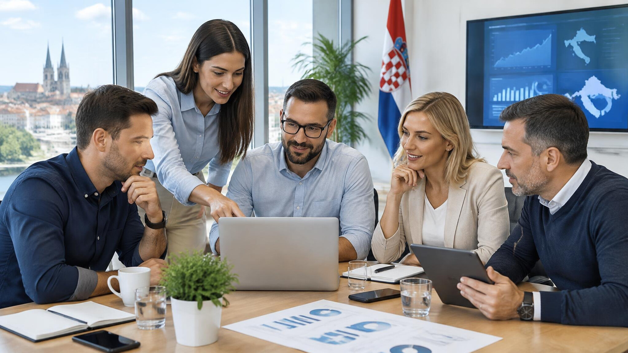 Business professionals discussing digital tools in a modern office