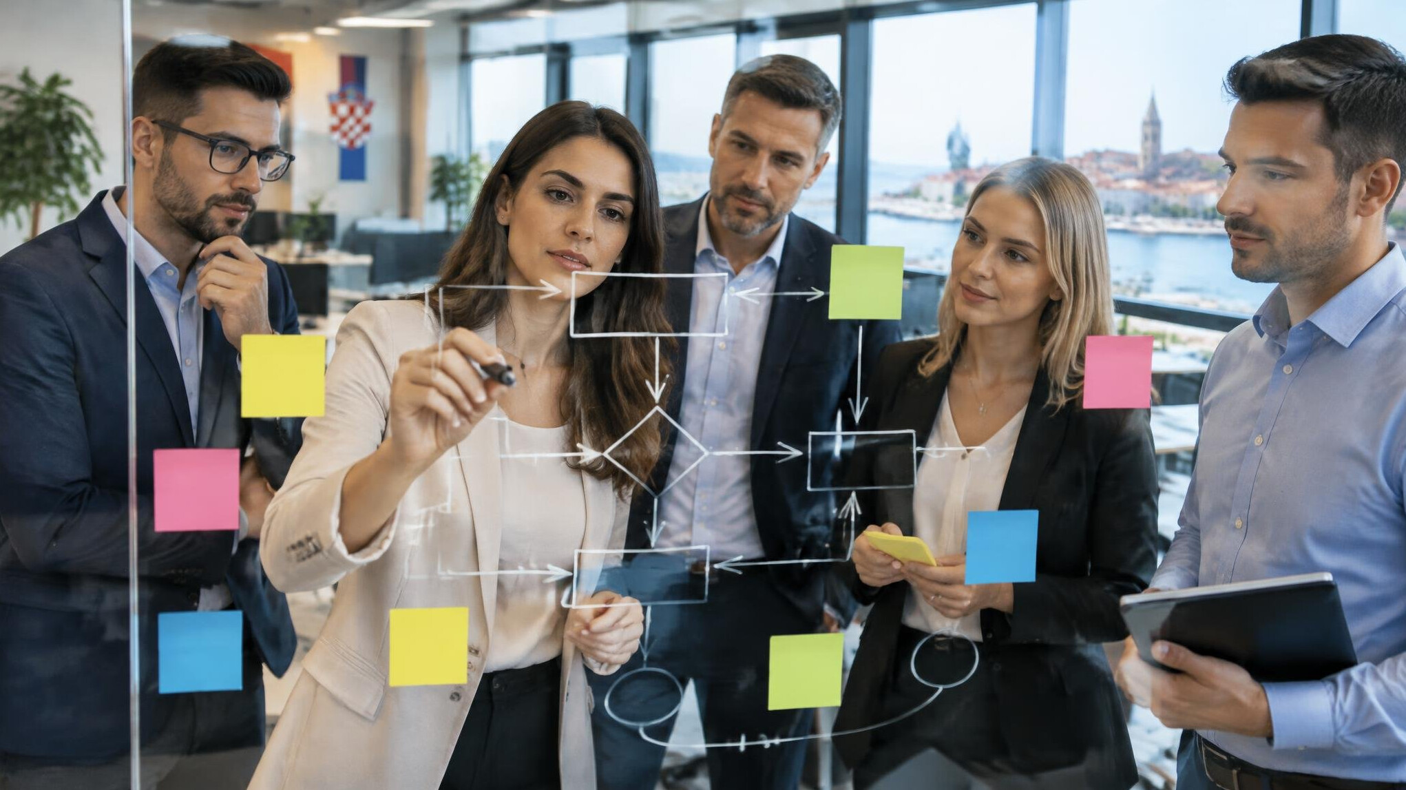 Team planning a workflow on a glass board